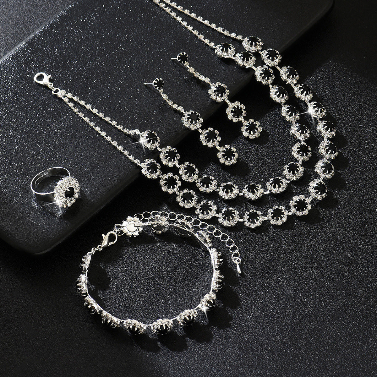 2026 Hot Cross-border Wedding Accessories Double-layer Sunflower Diamond Necklace Earrings Bracelet Ring Four-piece Set