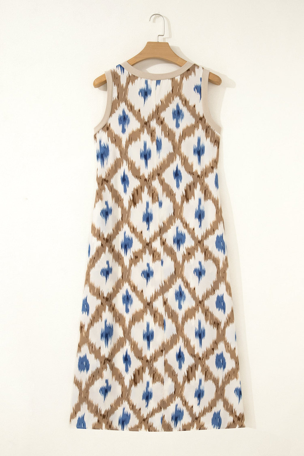 Boho Abstract V-Neck Sleeveless Maxi Dress in White, Tan, and Blue