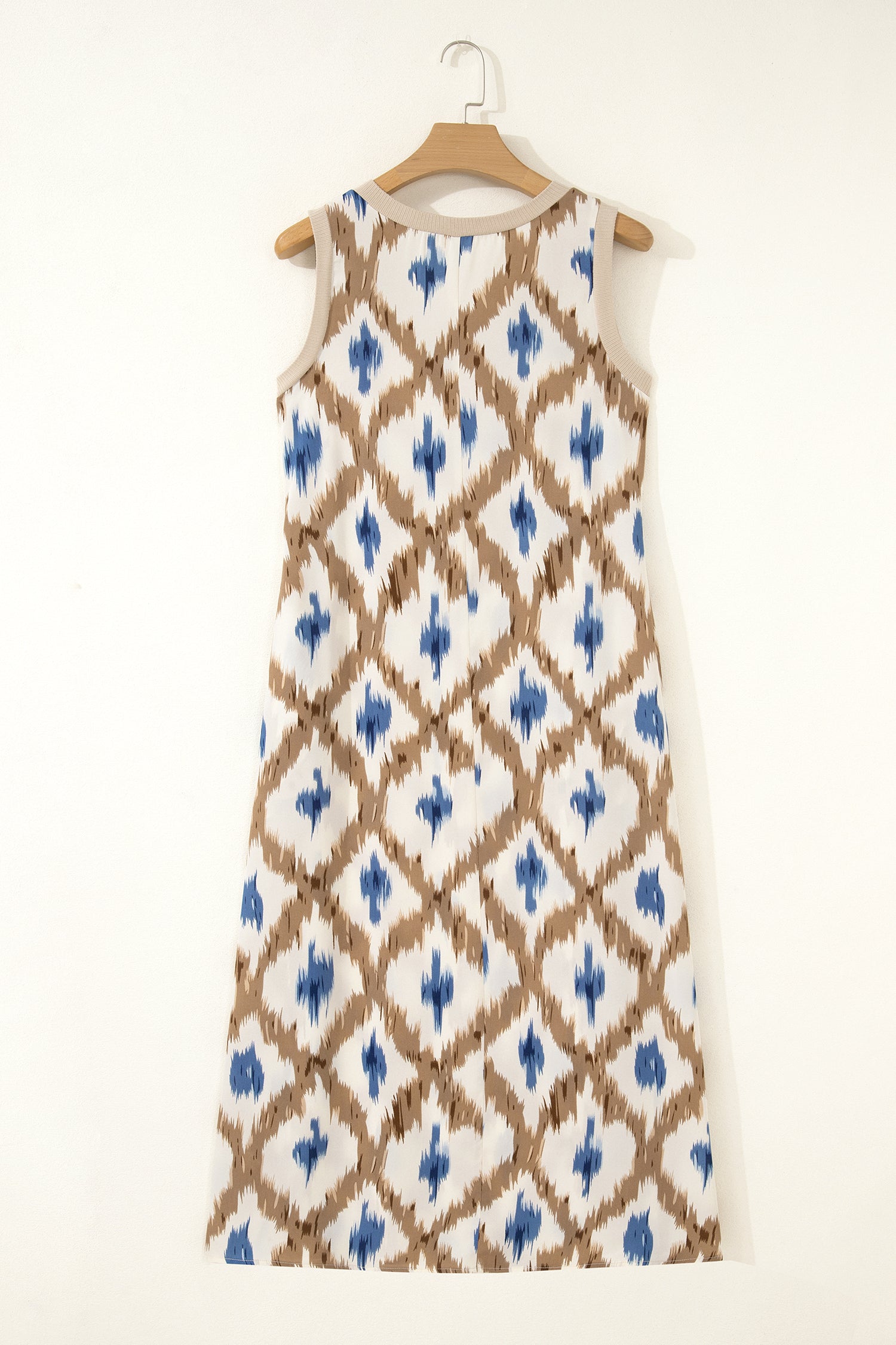 Boho Abstract V-Neck Sleeveless Maxi Dress in White, Tan, and Blue