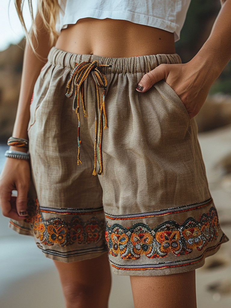 Women’s Retro Embroidered Drawstring Casual Linen-Blend Shorts - Image 3