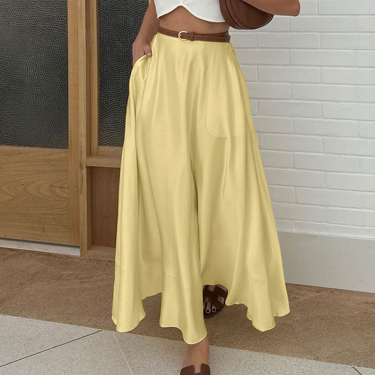 Yellow Polyester Satin Draping Hip Skirt with Zipper Closure