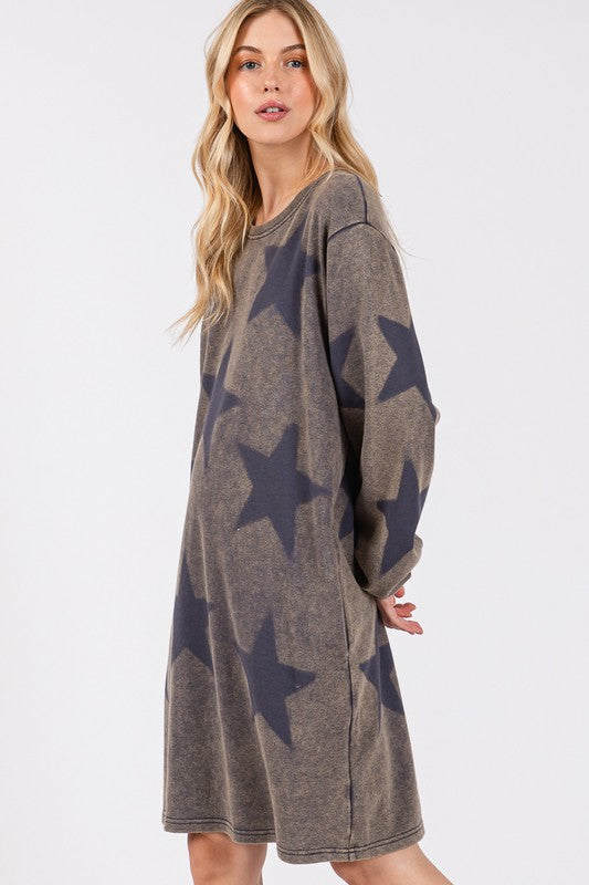 Modern Cotton Star Print Round Neck Casual Lounge Dress