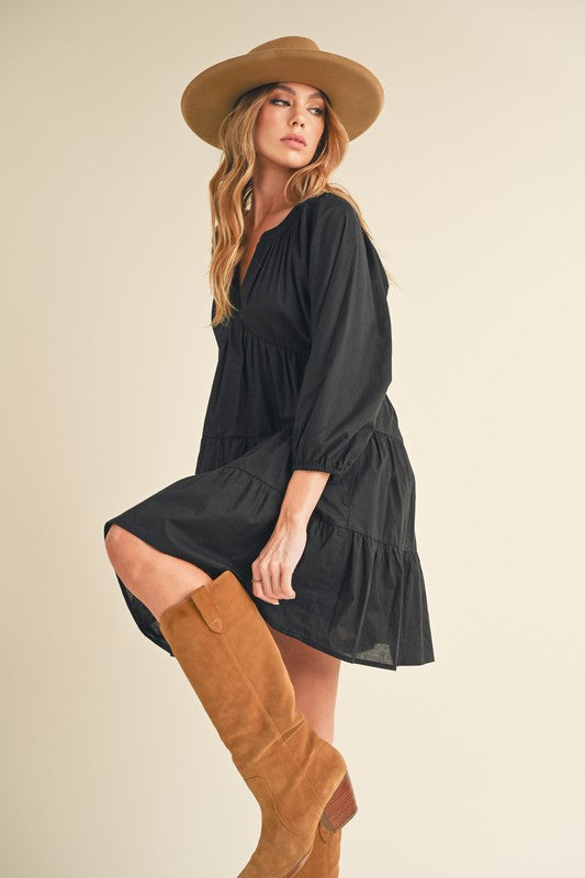 Notched Balloon Sleeve Tiered Mini Dress Chic Summer