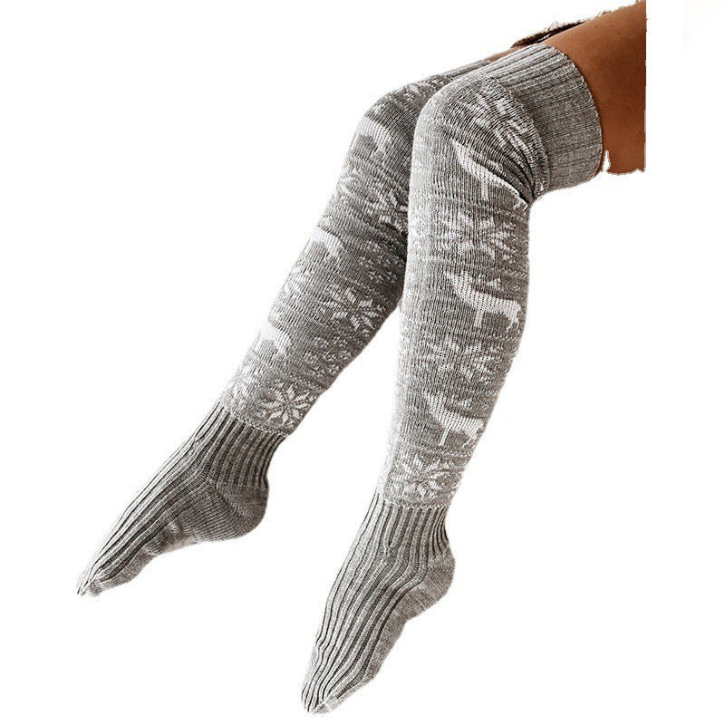 Women Christmas Thigh-High Knitted Stockings Snowflake Elk Print - Image 2