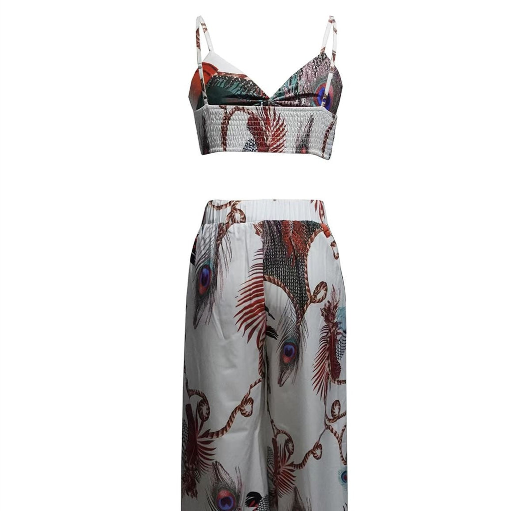 Women Feather Print Crop Top and Wide Leg Pants Vacation Set - Image 3