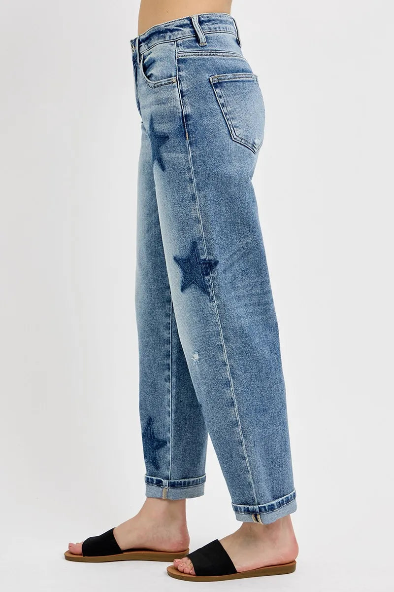 Mid Rise Boyfriend Star Shadow Detail Cuffed Jeans