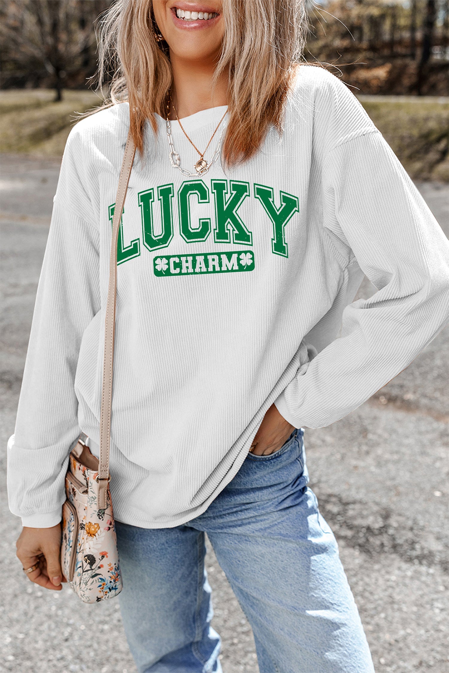White Lucky Charm Graphic Corded Sweatshirt | Baggy Fit