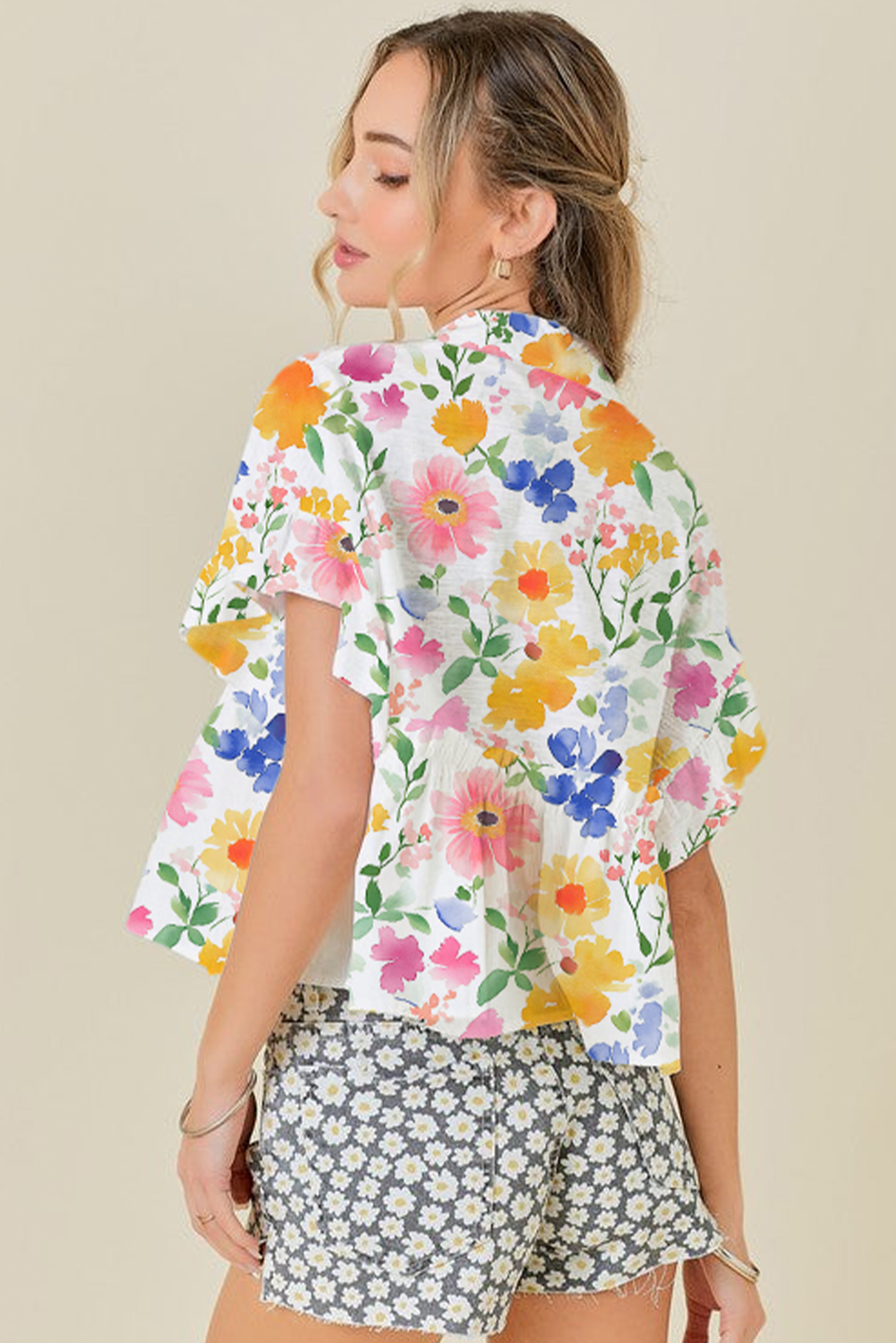 Yellow Floral Boxy V Neck Blouse with Ruffled Short Sleeves