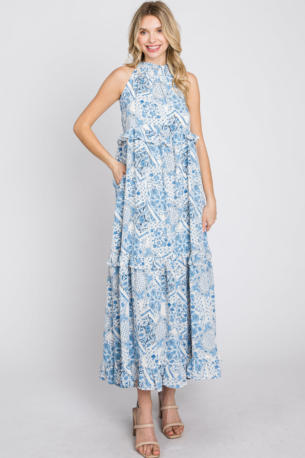 Blue Floral Paisley Print Tiered Maxi Dress