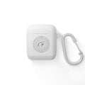 Minimalist white and pastel pink Grateful AirPods case with silver keychain hardware.