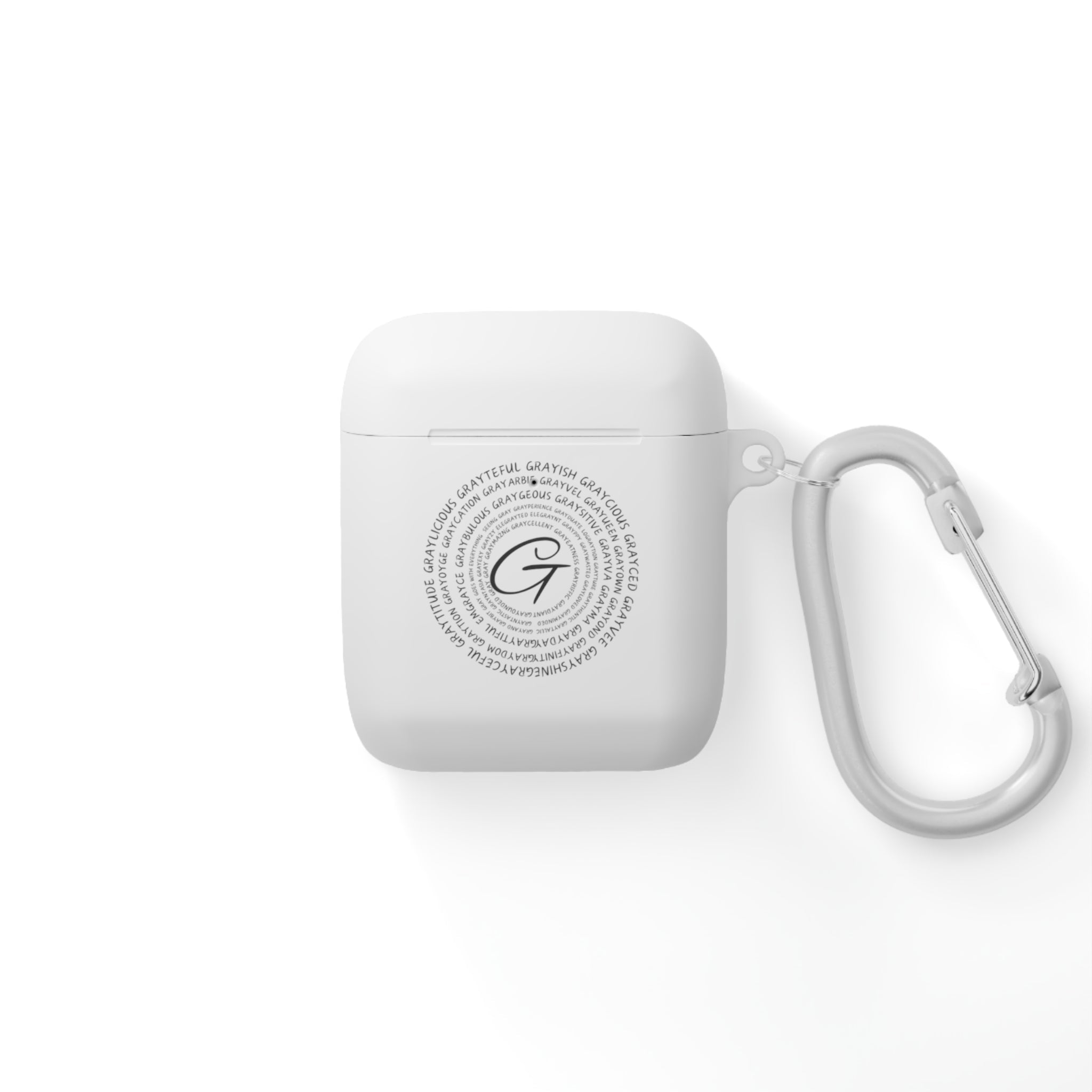 Minimalist white and pastel pink Grateful AirPods case with silver keychain hardware.