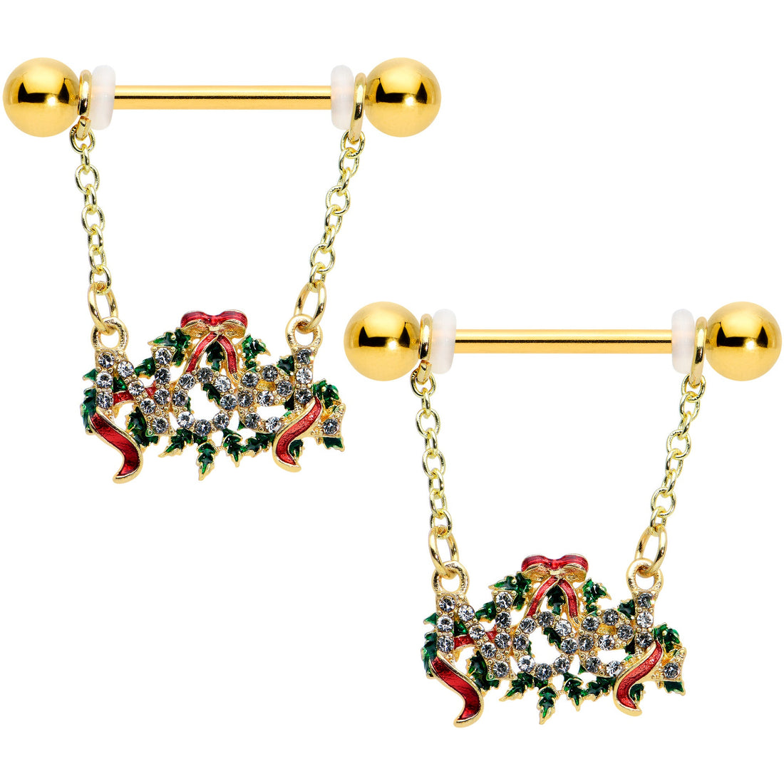 14G 9/16 Clear Gem Gold Tone Garland Christmas Nipple Ring Set