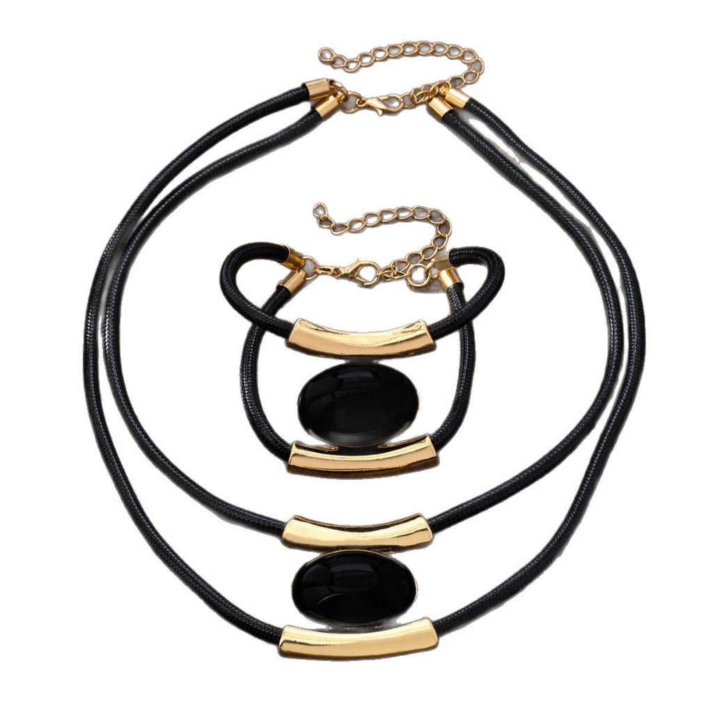 Vintage Multilayer Necklace and Bracelet Set with Oval Accents