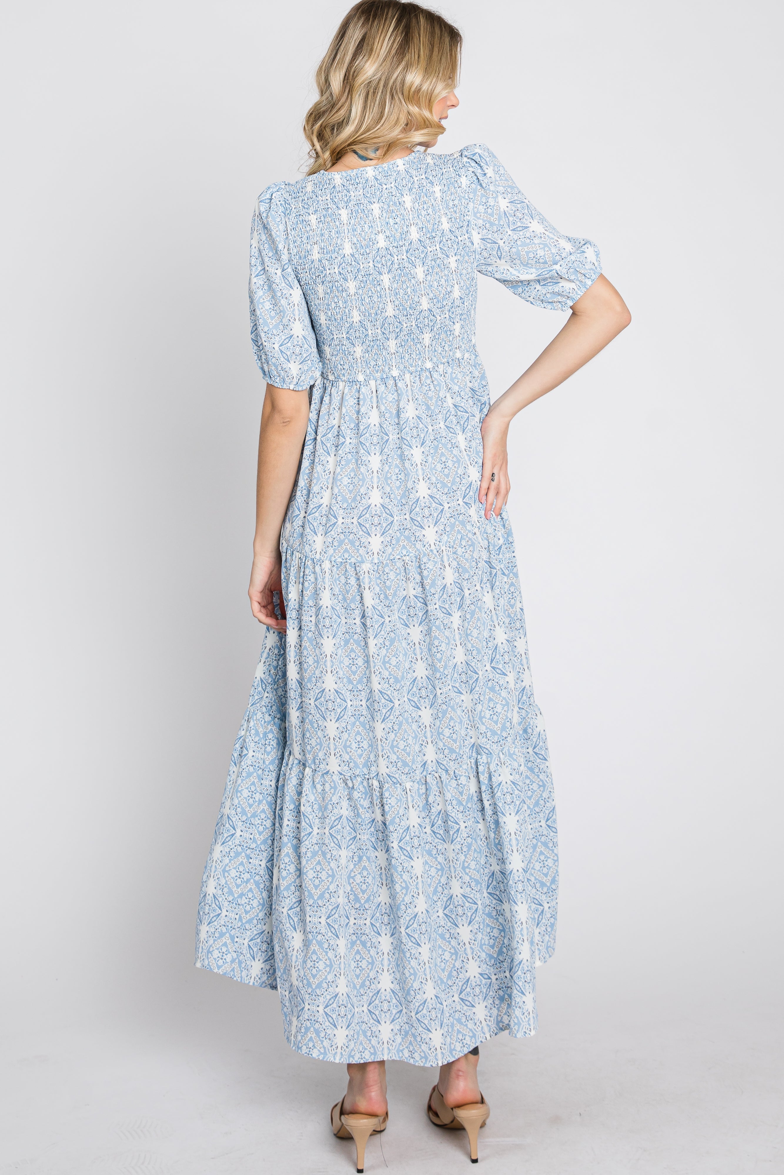 Blue Paisley Print Smocked Tiered Maxi Dress