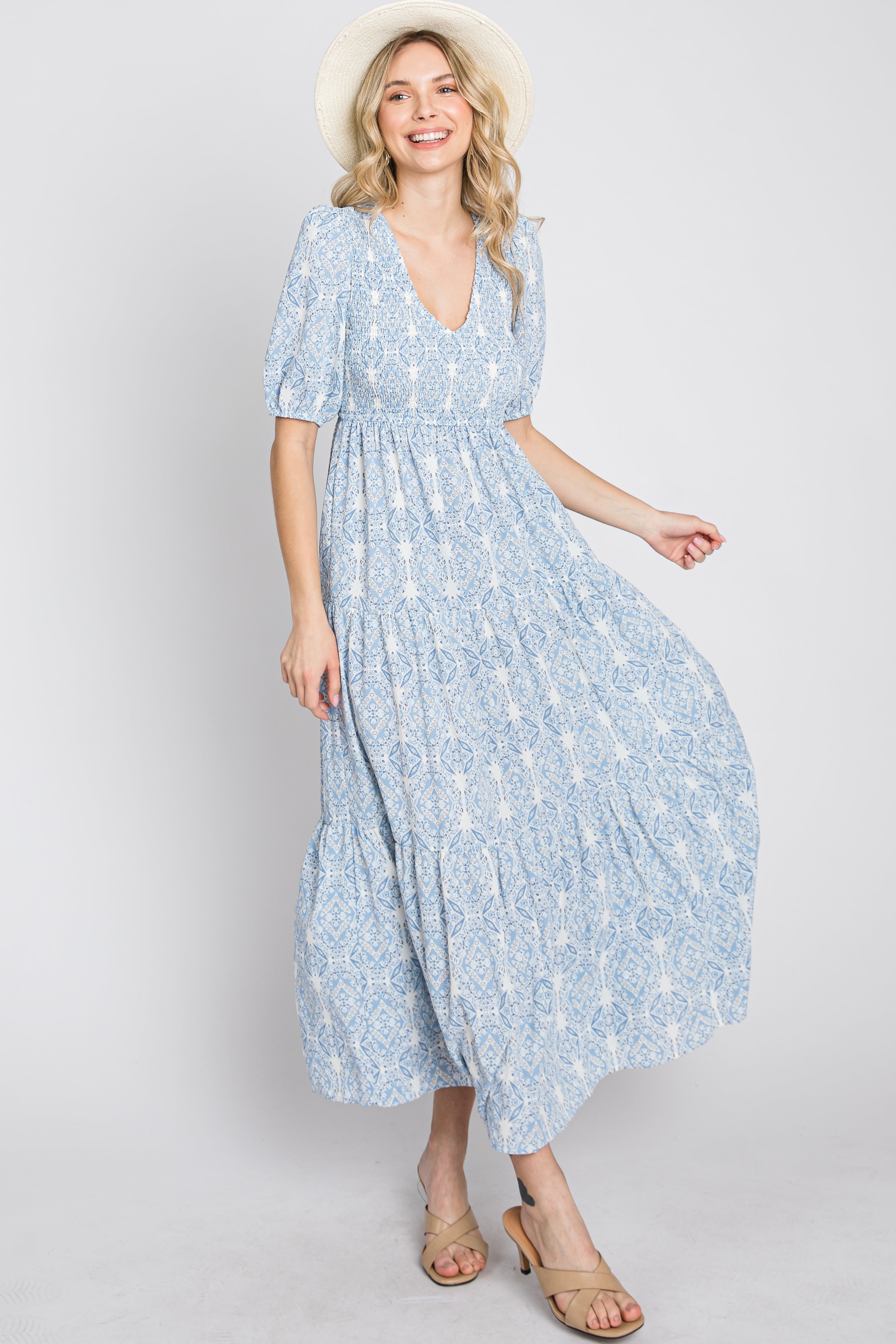 Blue Paisley Print Smocked Tiered Maxi Dress