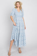 Blue Paisley Print Smocked Tiered Maxi Dress