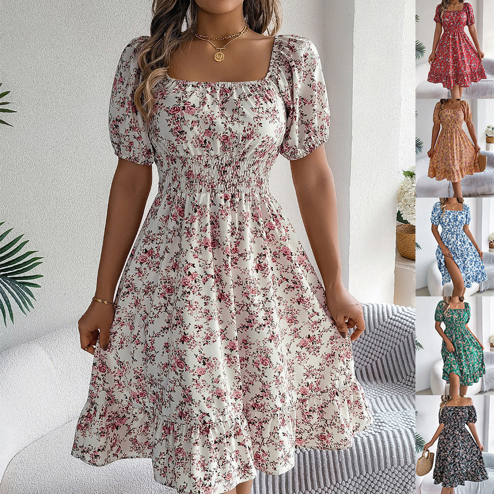 Floral Print Square Collar Ruffle Dress - Summer Fashion