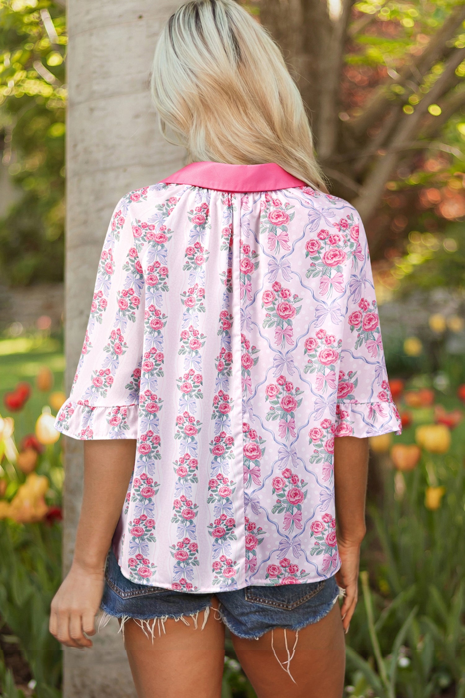 Floral Collar Ruffle Half Sleeve Shirt