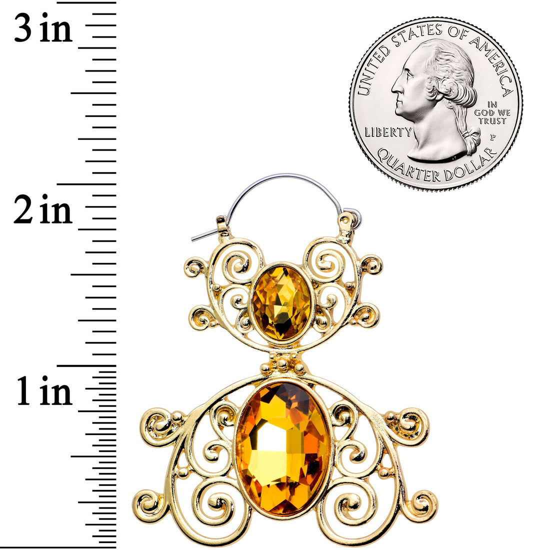 Yellow Gem Gold Tone Double Scrolling Tunnel Plug Earrings - Image 3