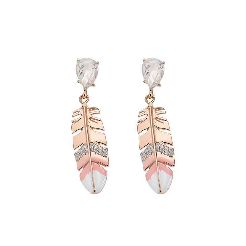 Women Feather Pendant Dangle Stud Earrings,Palace Style Heavy Craft Inlaid Rhinestone Enamel Earrings,Light Luxury Versatile Elegant Daily Fashion Jewelry