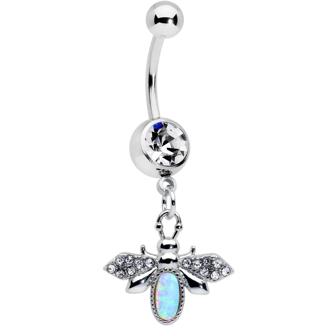 Close-up of a 14G navel ring featuring a white synthetic opal insect dangle charm on 316L surgical steel.