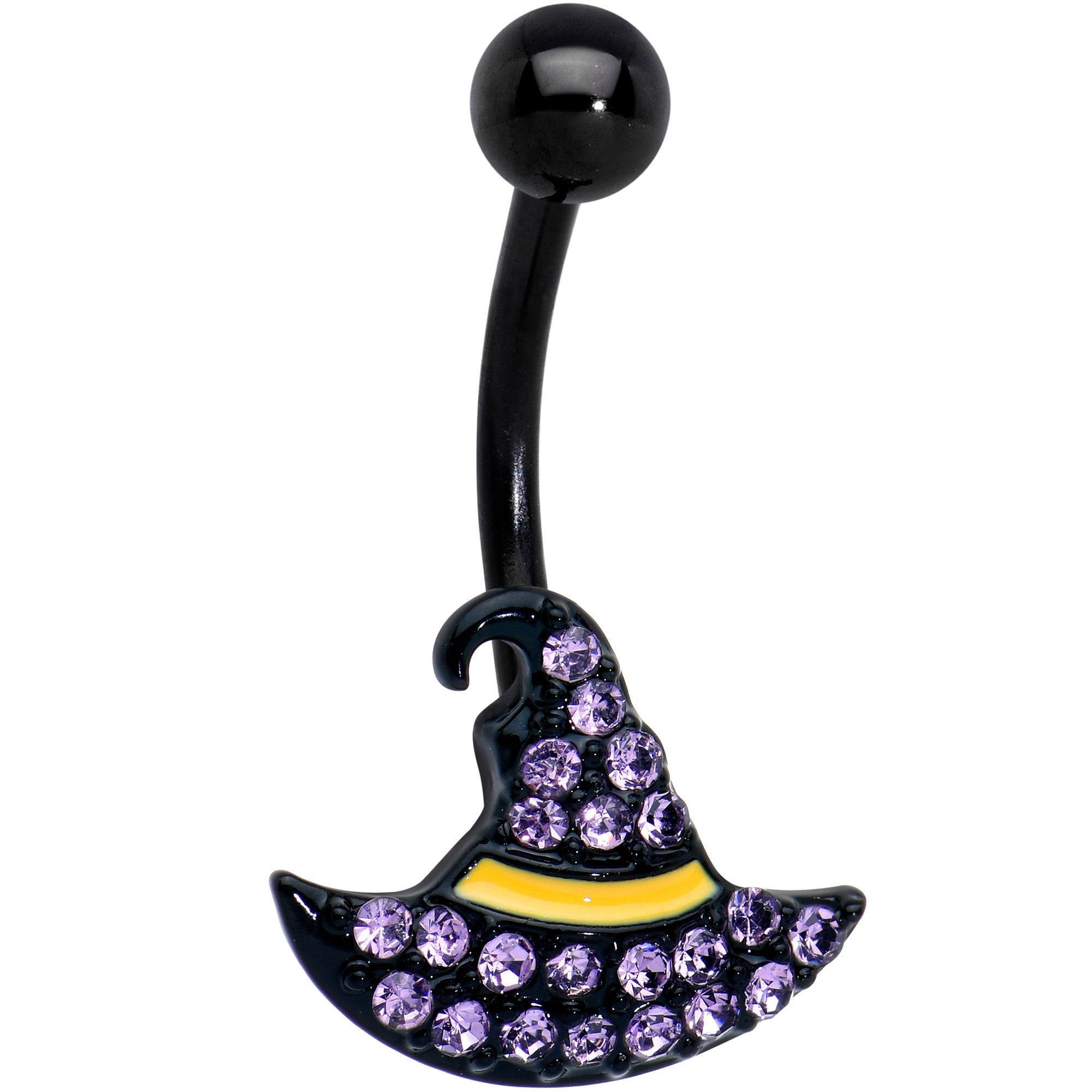 A close-up of a witch hat-shaped navel ring with purple gems and a black barbell against a white background, with a dime for scale in the second image.