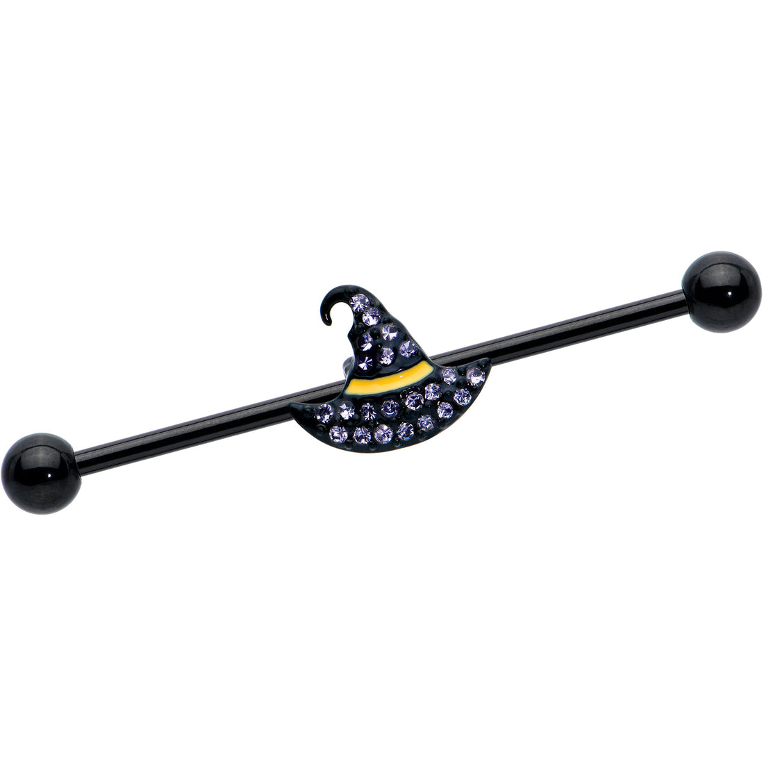 Black industrial barbell featuring a witch hat charm with purple gems.