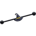 Black industrial barbell featuring a witch hat charm with purple gems.