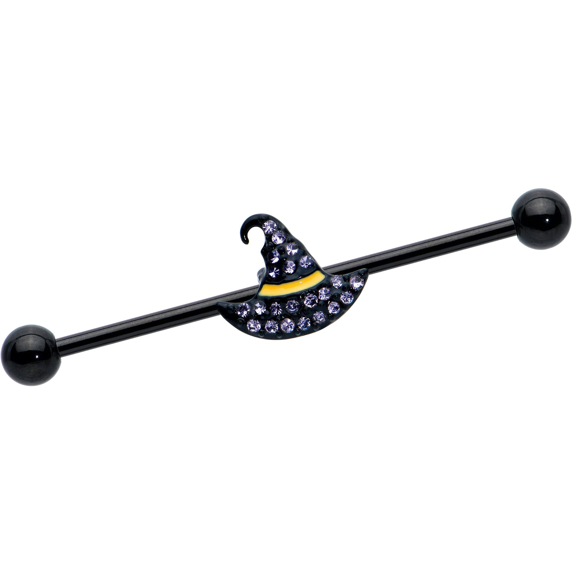 Black industrial barbell featuring a witch hat charm with purple gems.