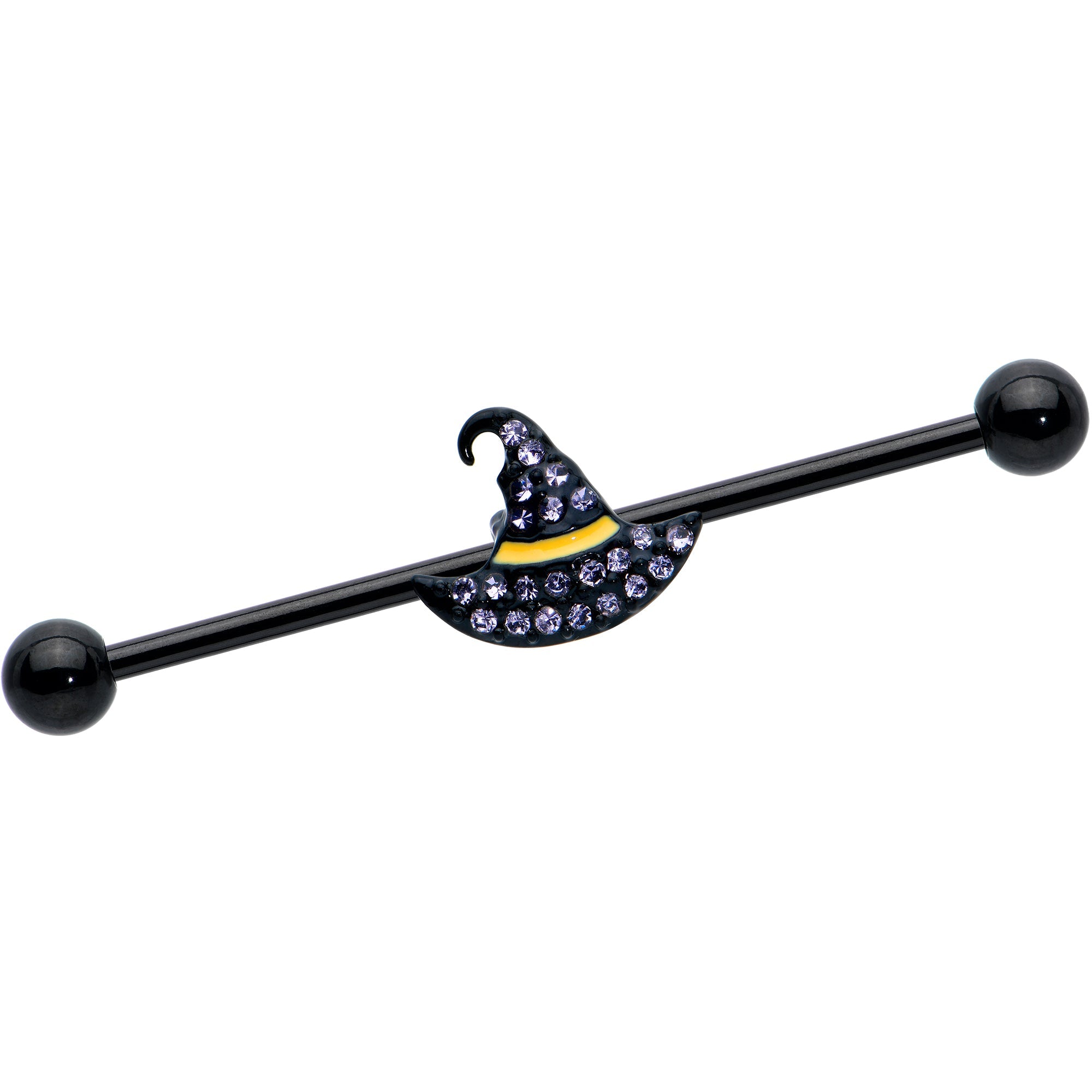 Black industrial barbell featuring a witch hat charm with purple gems.