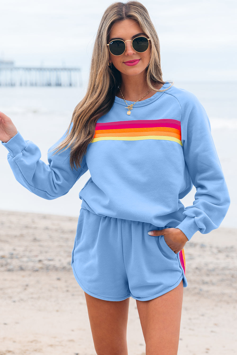 Colorblock Stripe Pullover and Shorts Set