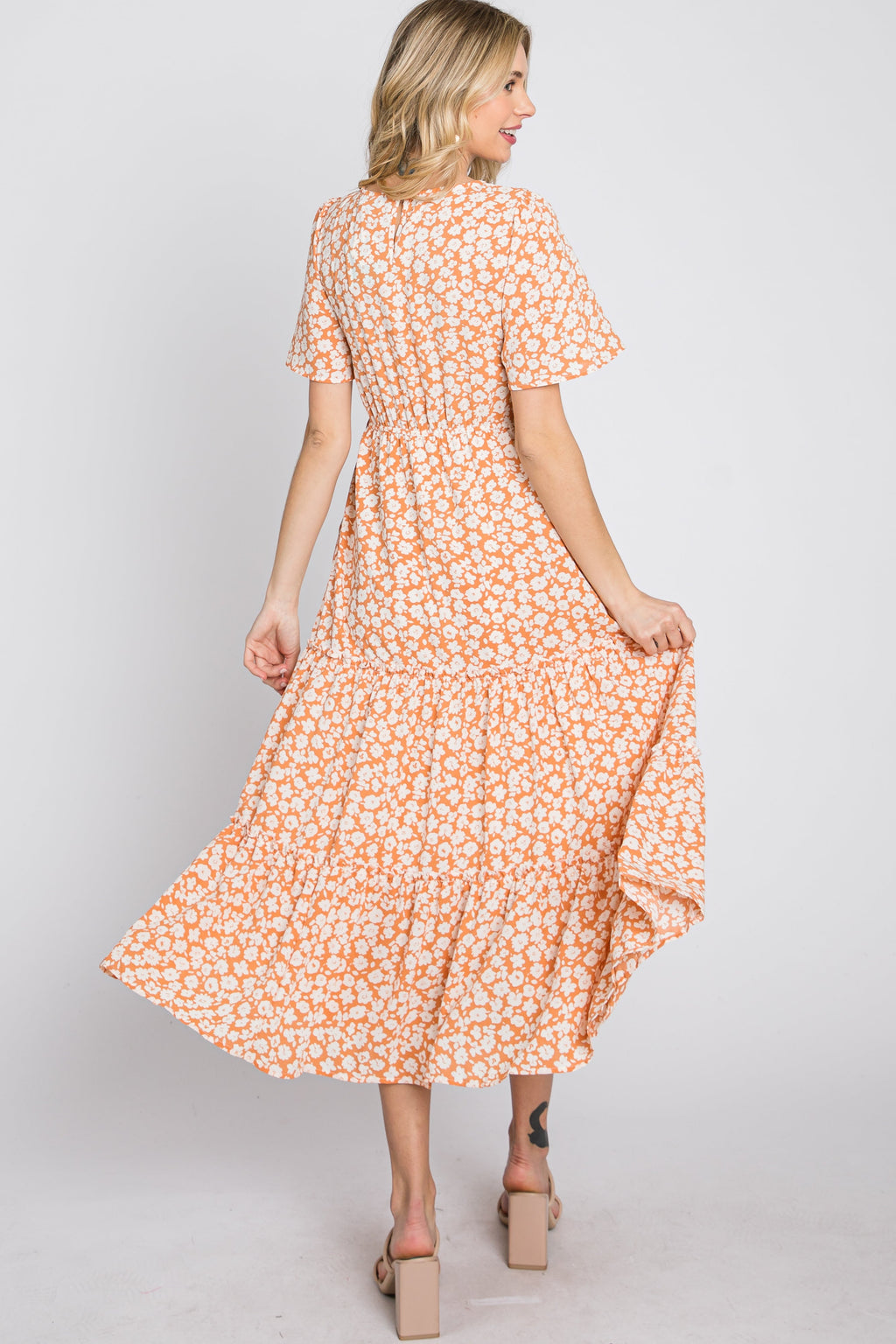 Peach Floral Tiered Midi Dress
