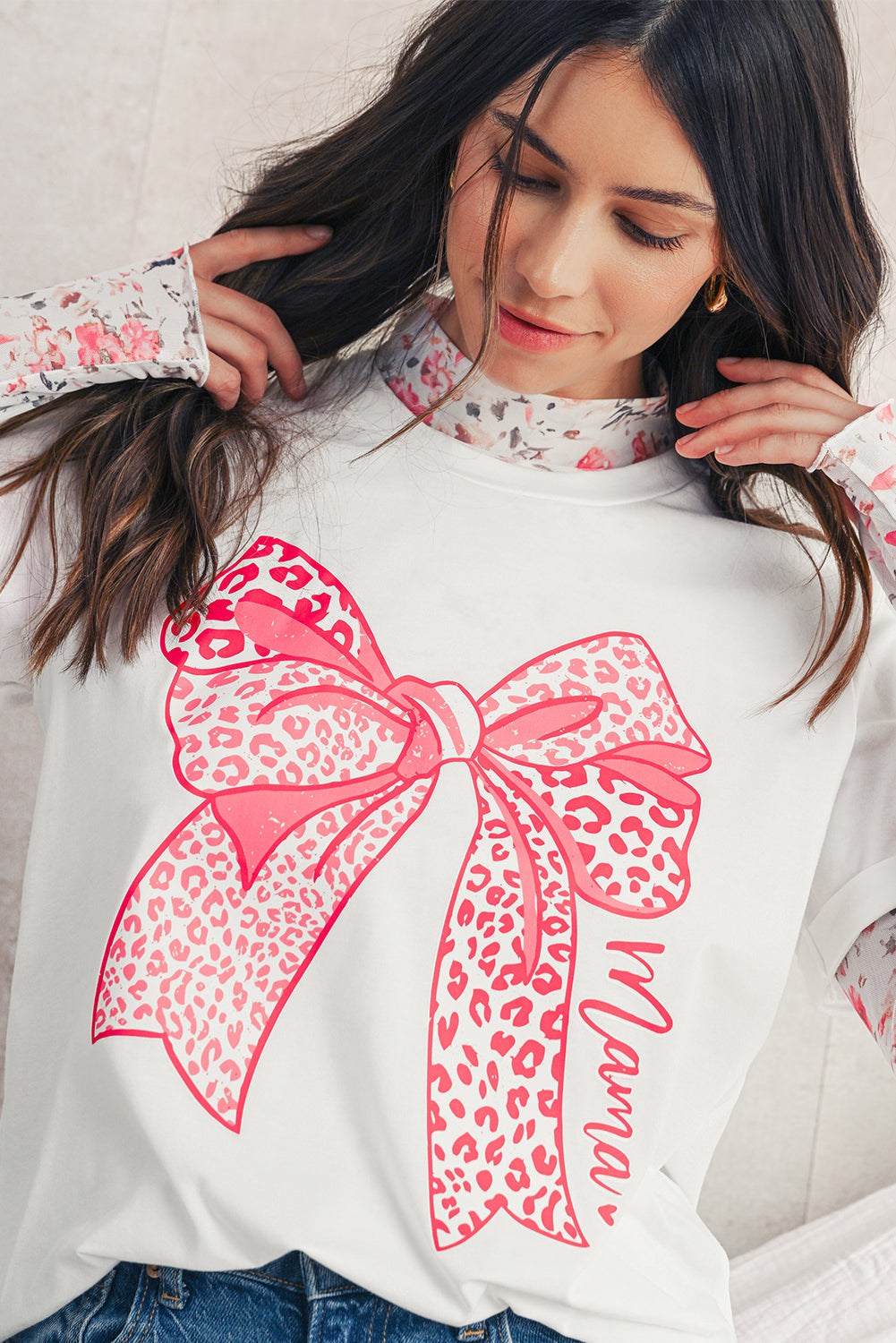 White Leopard Bowknot Graphic Crew Neck Tee | Soft Cotton Blend