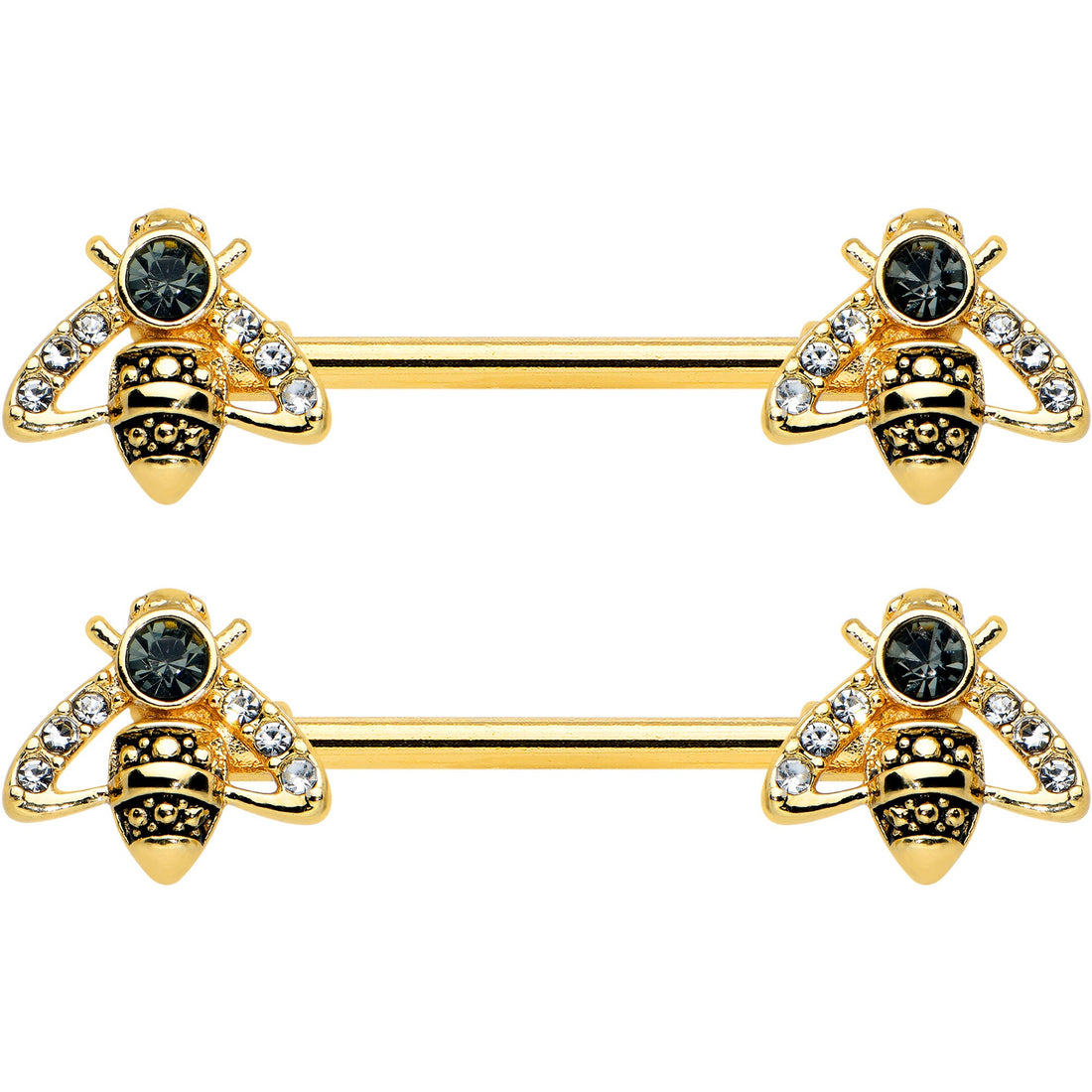 14G 9/16 Clear Black Gem Gold Tone Angular Bee Nipple Ring Set