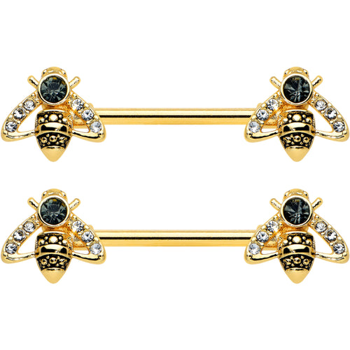 14G 9/16 Clear Black Gem Gold Tone Angular Bee Nipple Ring Set