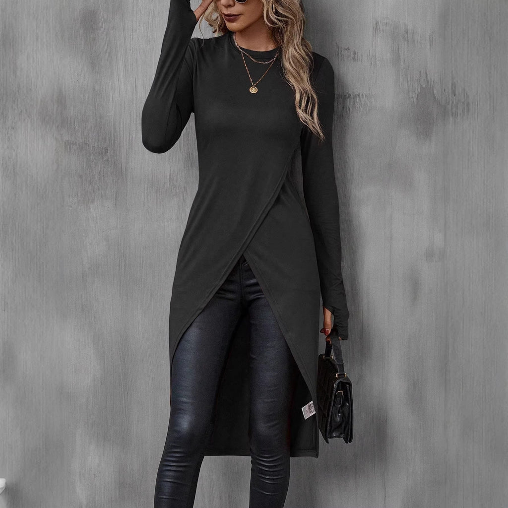 Women's Black Slim Fit Long Sleeve Crew Neck Tunic Shirt - Image 2