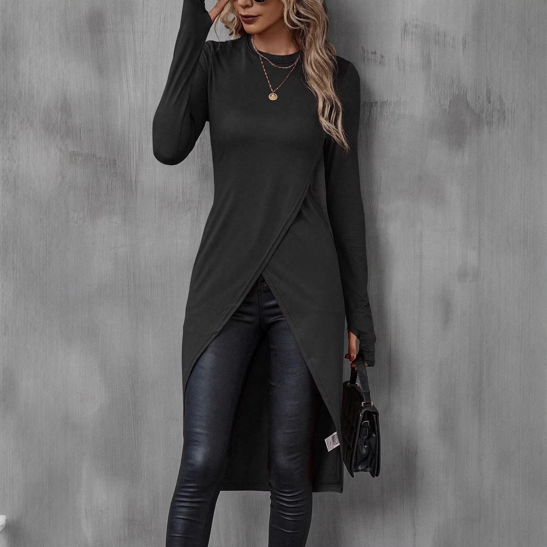 Women's Black Slim Fit Long Sleeve Crew Neck Tunic Shirt - Image 2