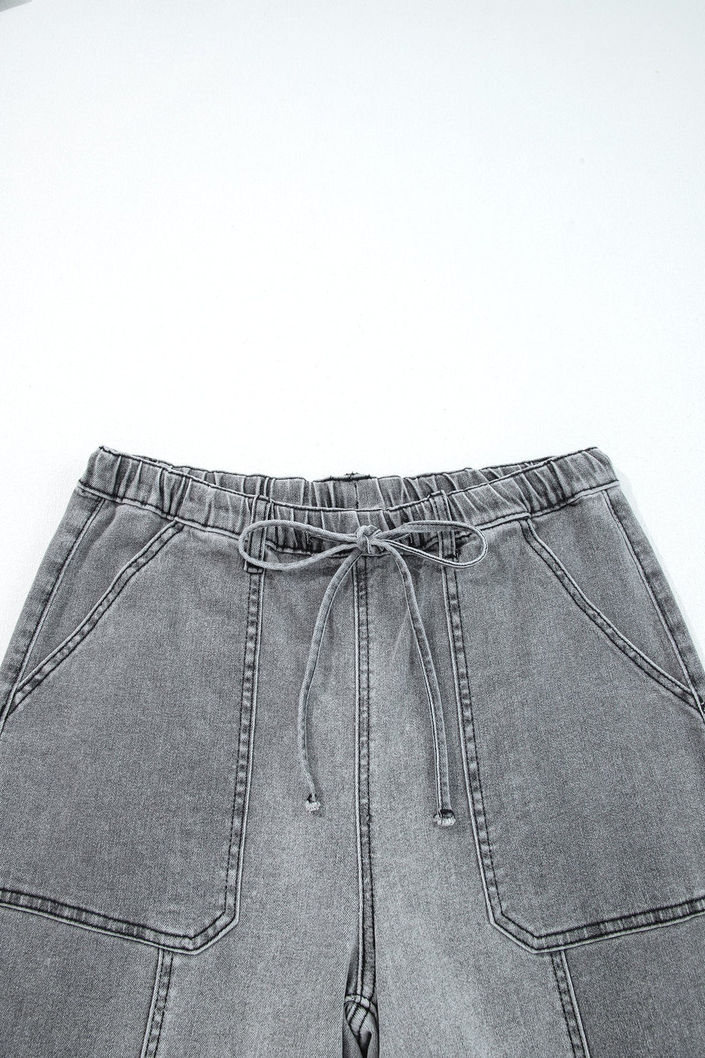Prussian Blue Drawstring Seam Detail Raw Hem Wide Leg Denim Pants