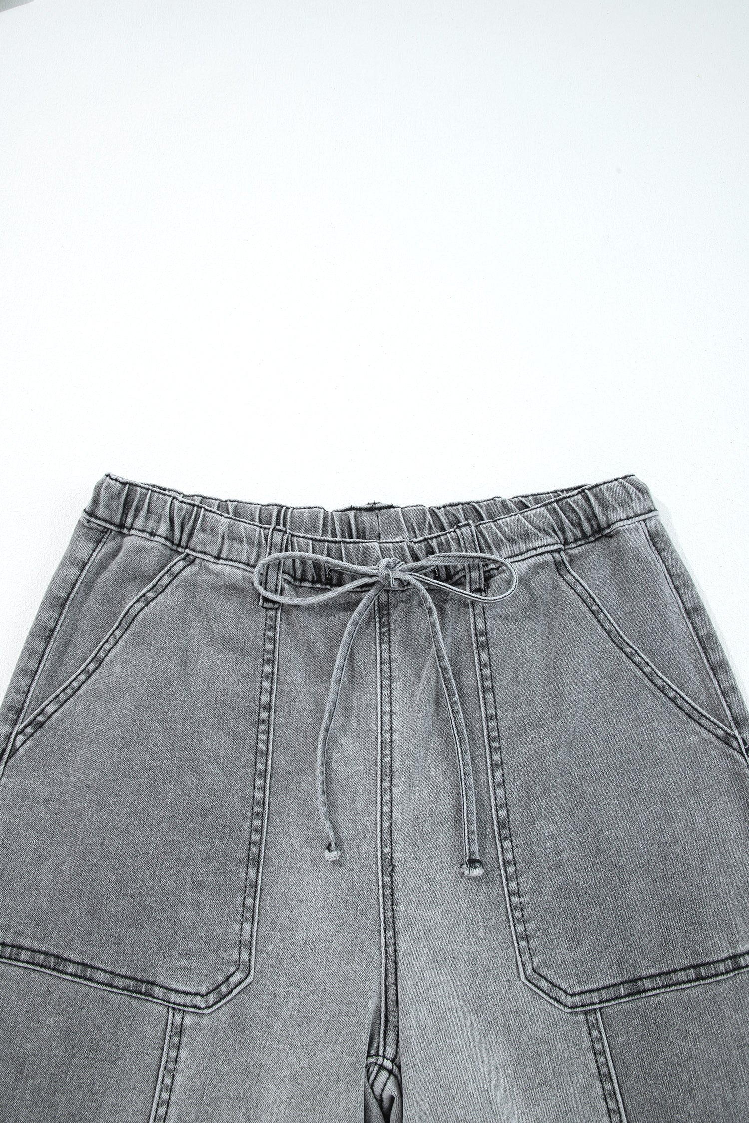 Prussian Blue Drawstring Seam Detail Raw Hem Wide Leg Denim Pants