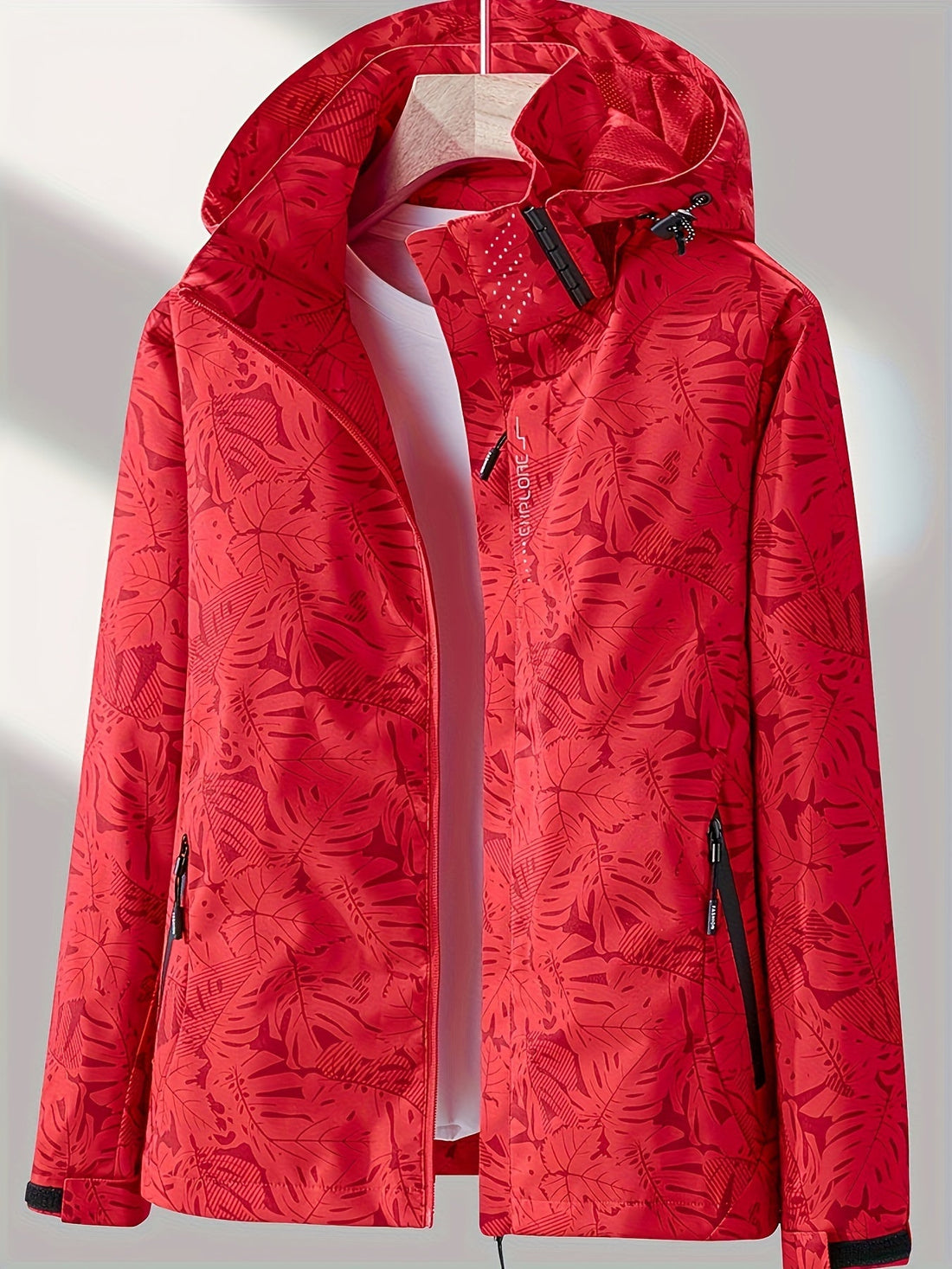 Women's Tropical Leaf Print Lightweight Windproof Hooded Jacket - Image 5
