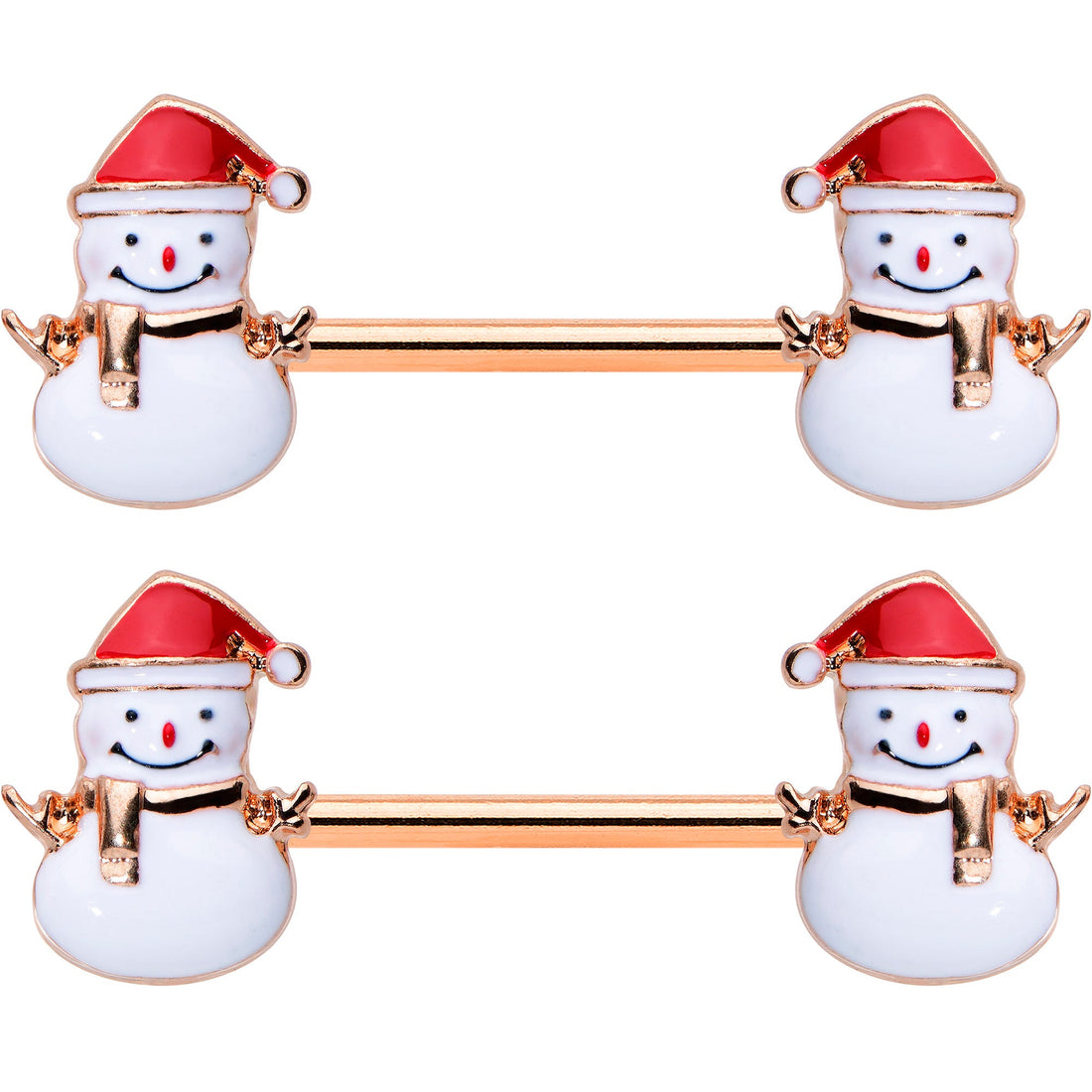 14G 9/16 Rose Gold Tone Smiling Snowman Christmas Nipple Ring Set