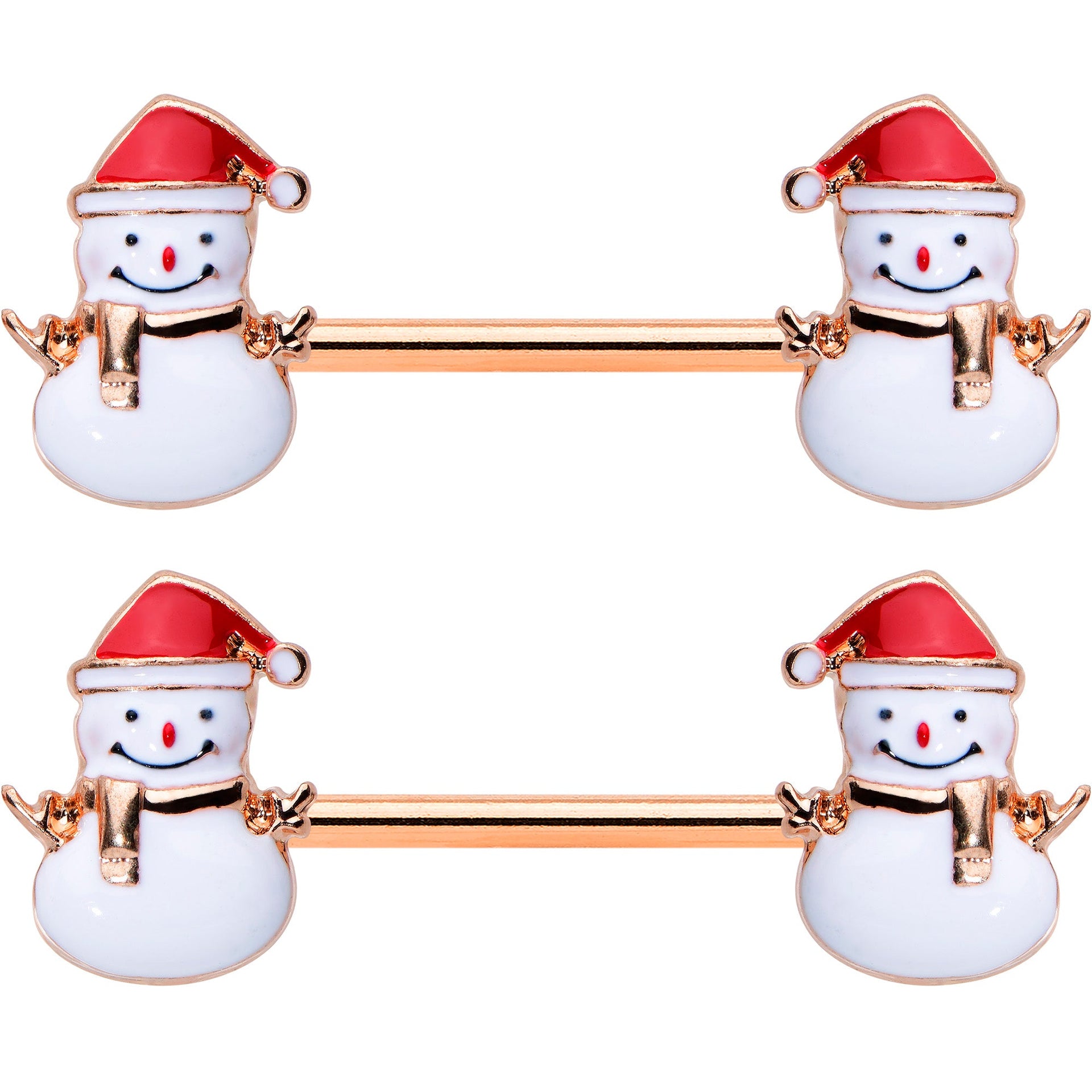 14G 9/16 Rose Gold Tone Smiling Snowman Christmas Nipple Ring Set
