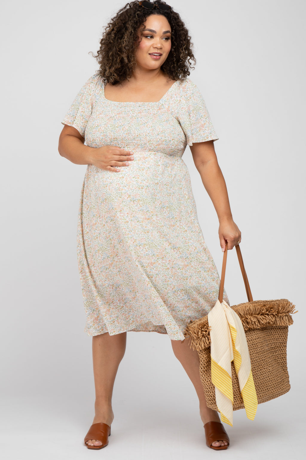Cream Floral Smocked Square Neck Maternity Midi Dress