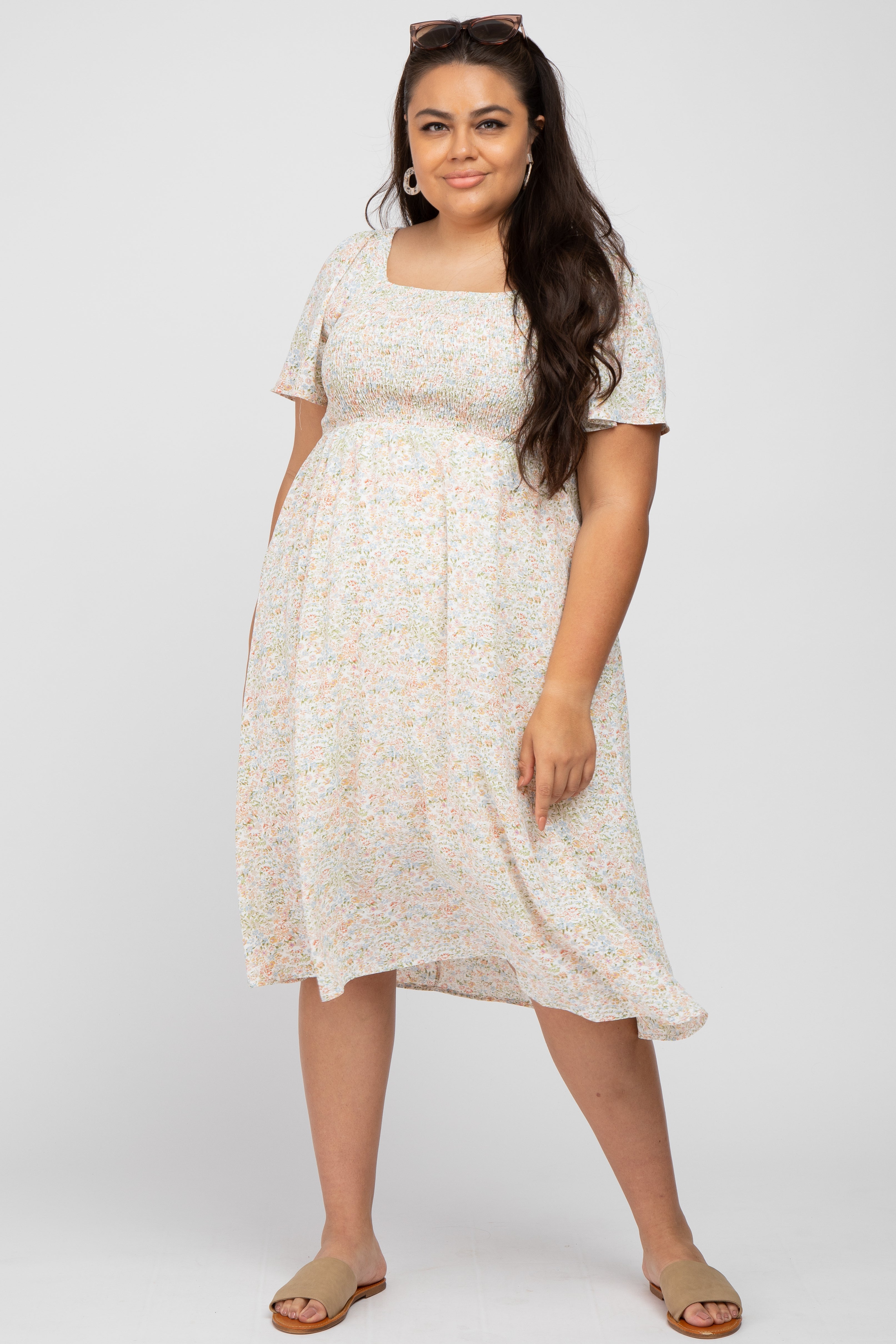 Cream Floral Smocked Square Neck Midi Dress