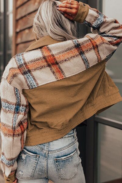Plaid Corduroy Button Up Jacket with Flap Pockets