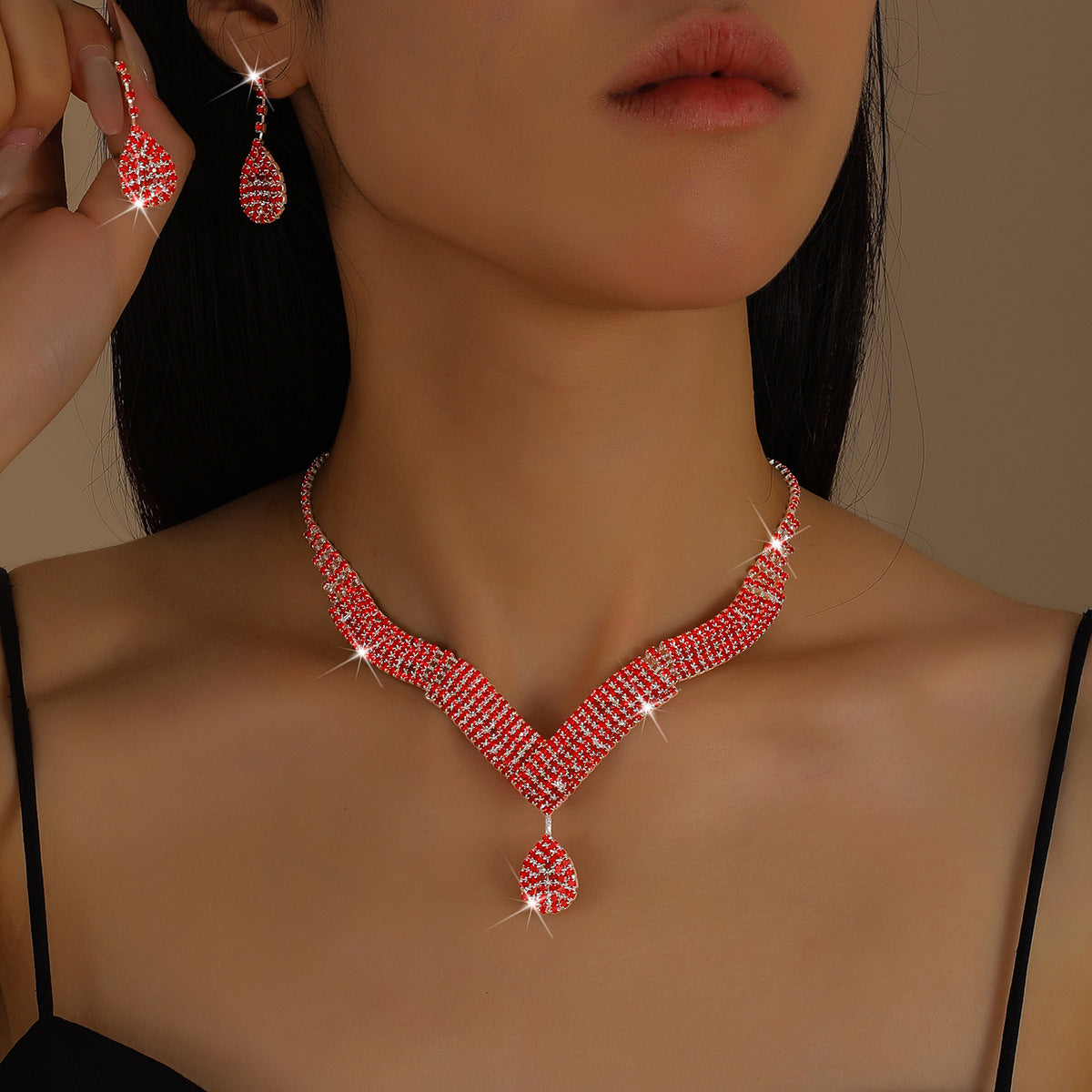 Spot Multi-Color Hot-Selling Wedding Jewelry Necklace Earrings Jewelry Set Luxury Rhinestone Bridal Set Chain