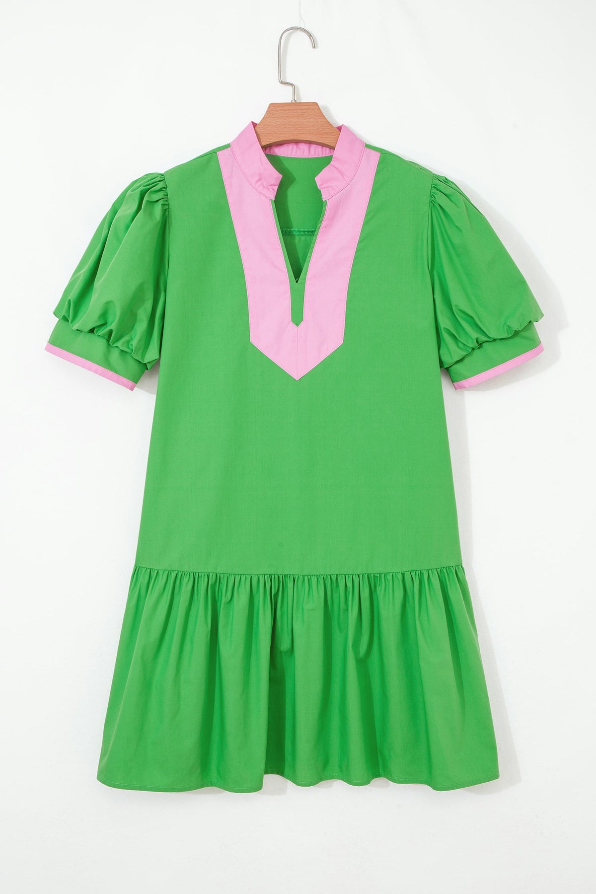 Colorblock Split Neck Puff Sleeve Mini Dress