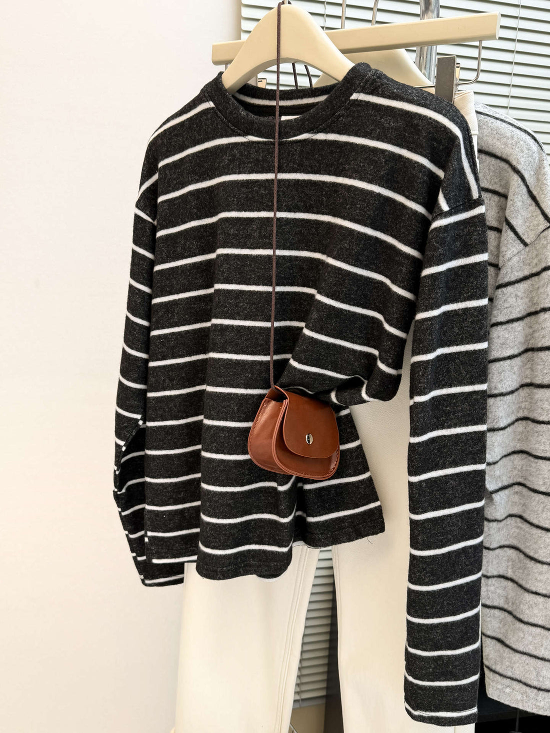 Women's Grey Striped Fleece-Lined Crew Neck Long Sleeve Sweater - Image 7