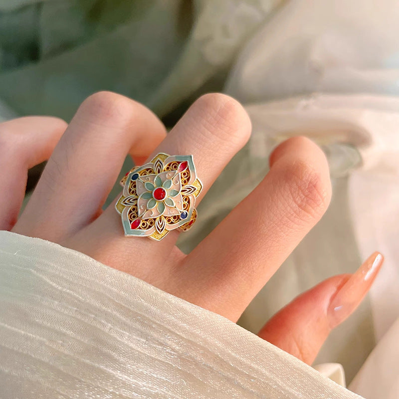 Misty Rain Gold-Embellished Enamel Peony Chinese-Style Hollow Open Ring