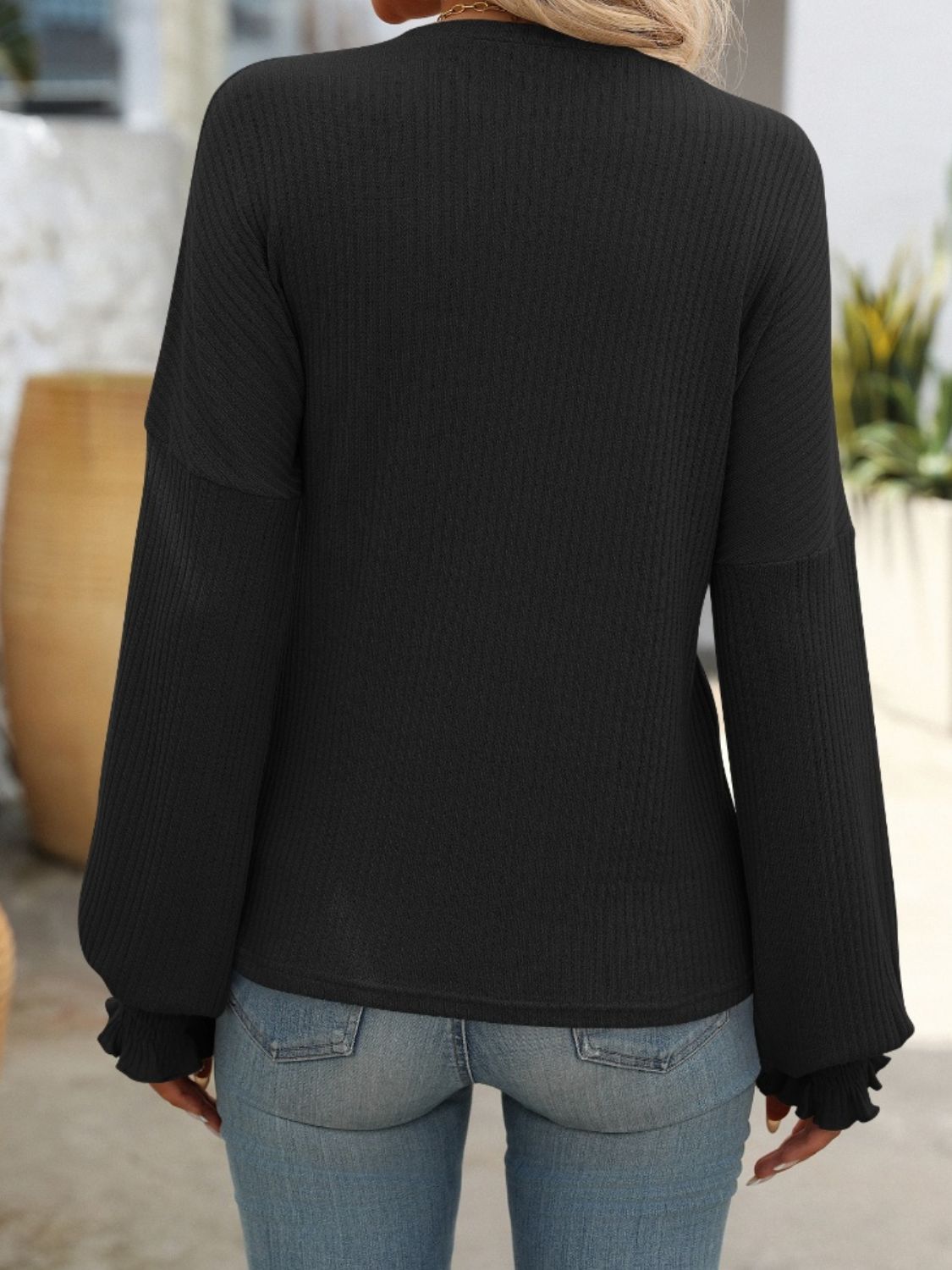 Mandy Ribbed Round Neck Long Sleeve T-Shirt in Mocha - Image 7